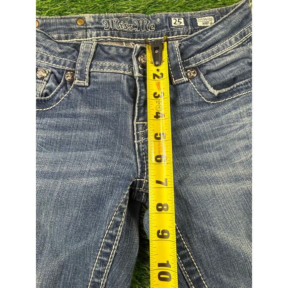Miss Me Womens Bootcut Jeans Dark Wash Bling Stretch Low Rise Sz 25 32L Y2K Flap - Picture 10 of 13